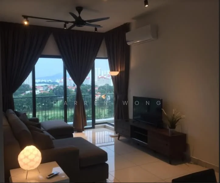 Living features: 3-seater fabric sofa in grey, coffee table, wall-mounted TV, TV console, floor-to-ceiling windows, sheer curtains, 5-blade ceiling fan with light, recessed downlights, tile flooring, decorative plant in pot, balcony view, light fixture, wall sconce; style: modern; view: city.