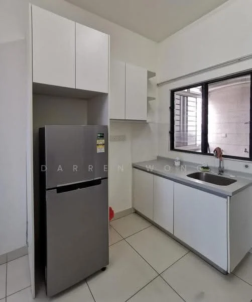 Kitchen features: stainless-steel fridge, single-bowl stainless-steel sink, chrome pull-down faucet, grey laminate countertop, white cabinetry with flat-panel doors, wall-mounted upper cabinets, window with black frame, tile flooring, neutral wall colour; style: modern.