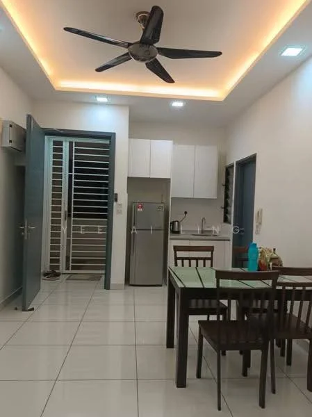 Dining features: 4-seater dining table, wooden dining chairs, white tiled flooring, recessed LED downlights, ceiling fan with light, kitchen area with white cabinets, stainless-steel fridge, microwave, countertop, open layout, sliding glass door, wall-mounted air conditioning unit; style: modern.