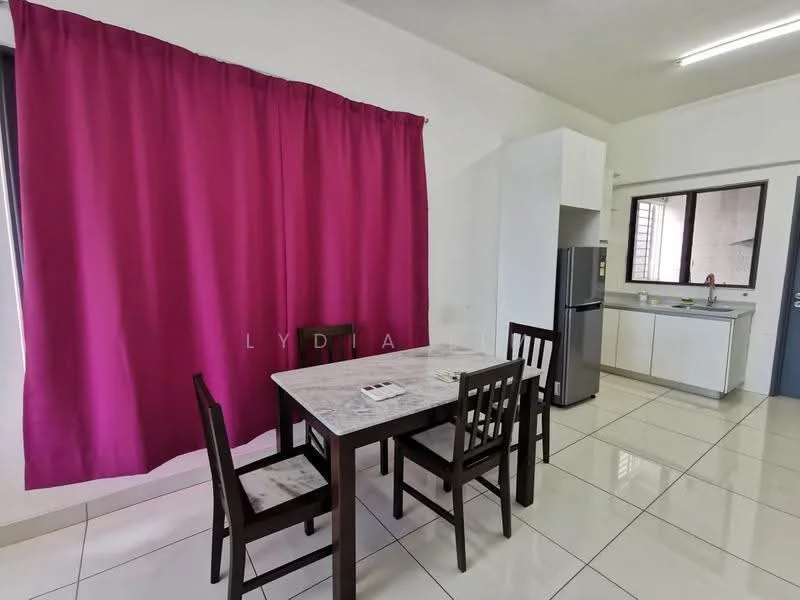 Dining features: white marble dining table, 4 wooden dining chairs, pink curtain, white tiled flooring, refrigerator, kitchen cabinetry, window with view to kitchen; style: modern.