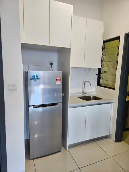 Kitchen features: stainless-steel fridge, single-bowl stainless-steel sink, chrome pull-down faucet, white cabinetry, white countertop, tile backsplash, wall-mounted electrical outlet, window with security grille, ceramic tile flooring, recessed lighting; style: modern.
