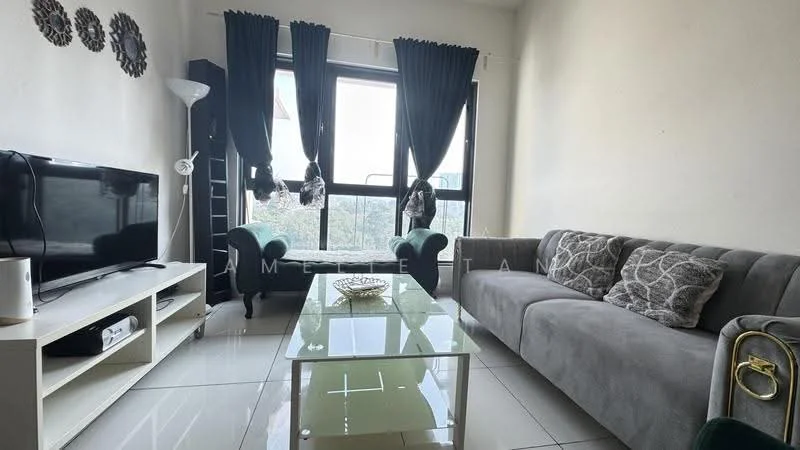 Living features: grey fabric sofa, 2 green armchairs, glass coffee table, white TV console, wall-mounted TV, floor lamp, black curtains, white walls, glossy tile flooring, decorative cushions, shelf unit, decorative bowl on table; style: modern; view: garden.