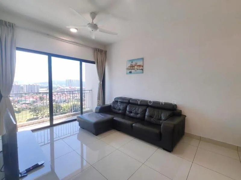 Living features: 3-seater leather sofa in black, floor-to-ceiling windows, sliding glass door, curtains, ceiling fan, wall-mounted TV, white walls, glossy tile flooring, decorative artwork on wall, view of city skyline; style: modern; view: city.