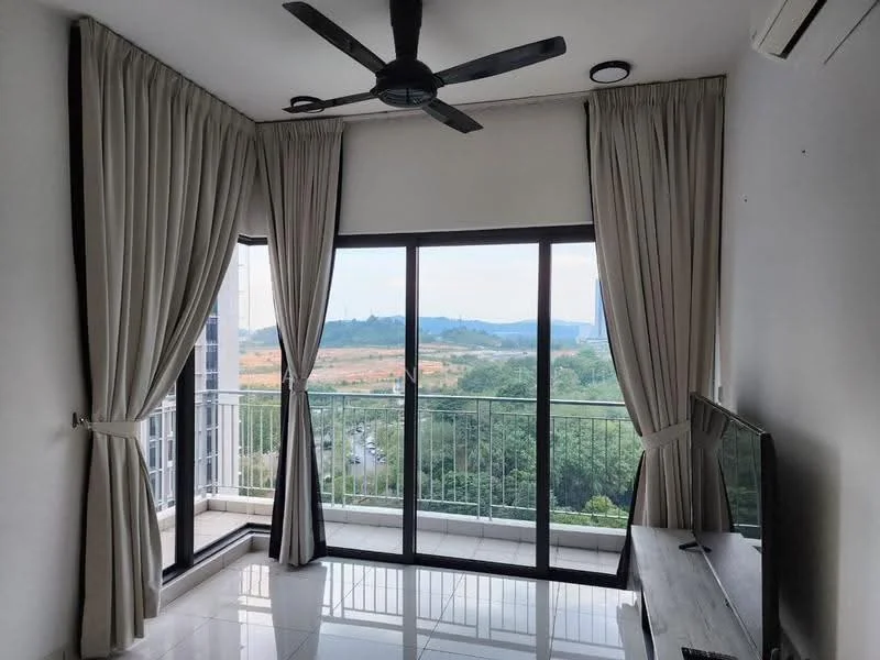 Living features: floor-to-ceiling windows, sliding glass door, curtains, 5-blade ceiling fan, wall-mounted TV, light-colored walls, white tiled flooring, balcony view of greenery, mountain view, natural light; style: modern; view: mountain.