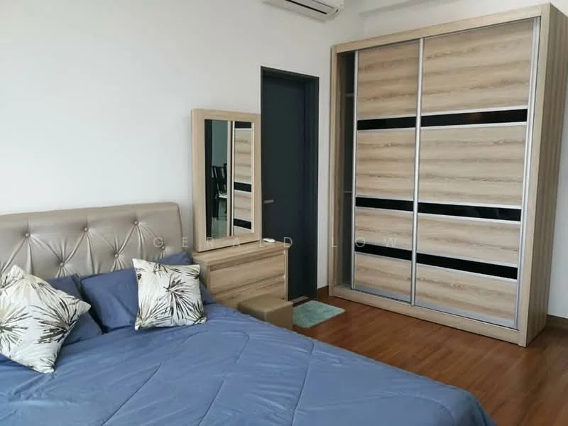 Bedroom features: king-size bed with upholstered headboard, blue bedding, two decorative pillows with floral pattern, wooden bedside table, mirror on the bedside table, built-in wardrobe with sliding doors, wooden flooring, wall-mounted air conditioning unit, dark grey door, light-colored walls; style: modern.