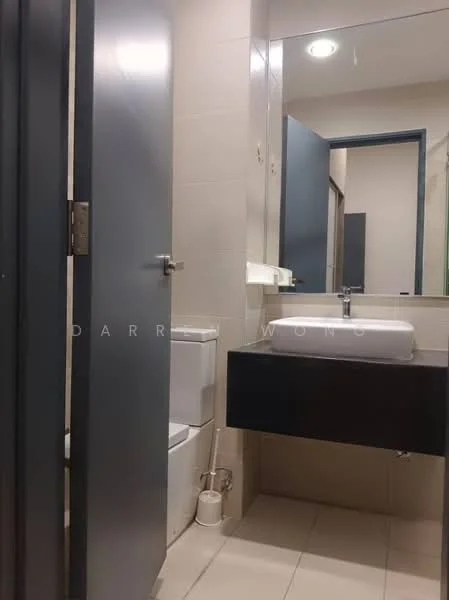 Bathroom features: white ceramic toilet, single-sink vanity with black cabinet, white basin, mirror above sink, grey tiled walls, light-colored floor tiles, recessed ceiling light, sliding door, wall-mounted faucet; style: modern.