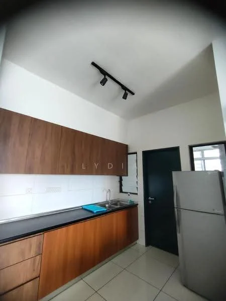 Kitchen features: brown wooden cabinetry, black countertop, single-bowl stainless-steel sink, chrome pull-down faucet, built-in refrigerator, white tiled backsplash, track lighting, white painted walls, glossy floor tiles; style: modern.