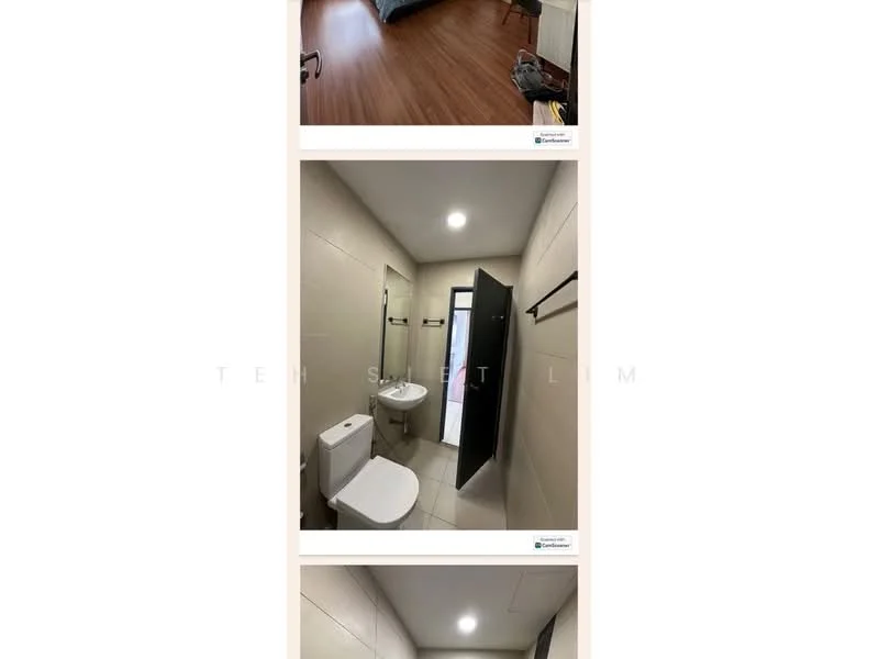 Bathroom features: white tiled walls, light grey floor tiles, one-piece toilet, single-sink vanity with white cabinet, mirror above sink, black door, recessed ceiling lights, towel rack; style: modern. Bedroom features: wooden flooring, queen-size bed, bedside table, desk, chair.