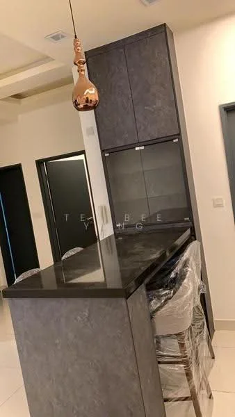 Kitchen features: black granite countertop, grey cabinetry, glass-front upper cabinets, pendant light fixture, bar stools, open shelving, white tiled flooring, recessed ceiling lights; style: modern.