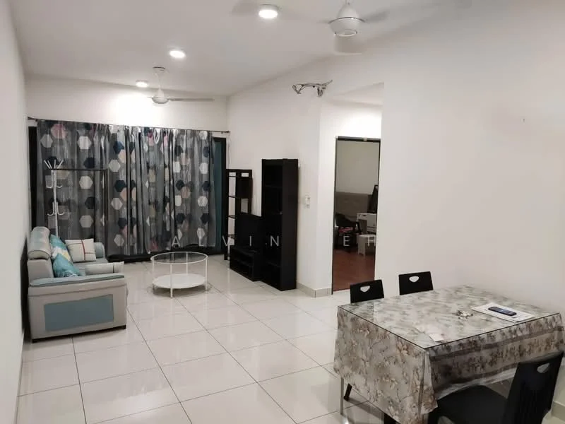Living features: white painted walls, glossy white tile flooring, 5-blade ceiling fan with light, sofa with light blue and grey cushions, round coffee table, black shelving unit, dining table with floral tablecloth, 4 black dining chairs, curtains with circular pattern, wall-mounted light fixtures; style: modern.