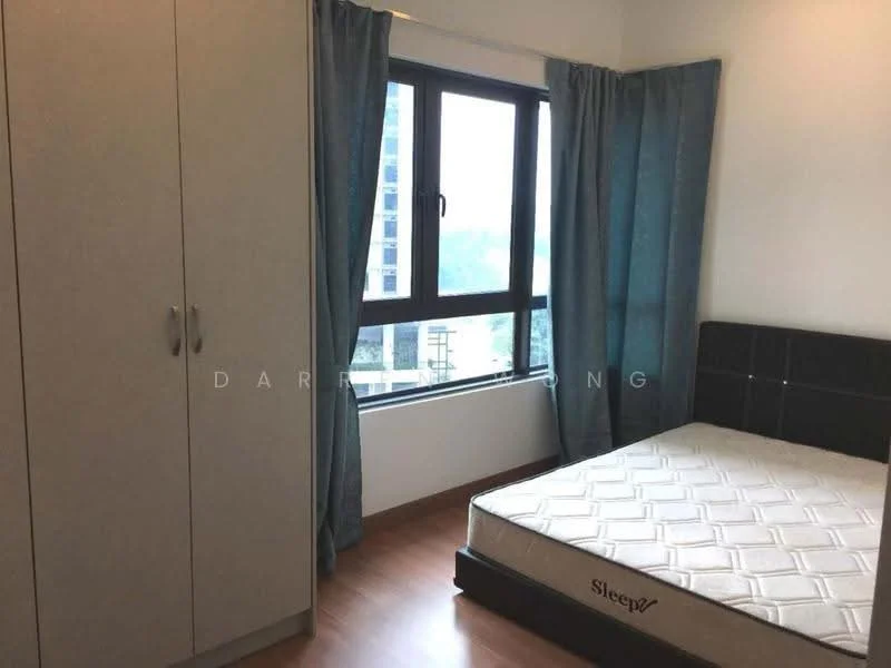 Bedroom features: queen-size bed, upholstered headboard, built-in wardrobe with sliding doors, floor-to-ceiling window, curtains in light blue, wooden flooring, decorative wall with dark paneling, mattress on bed frame; style: modern; view: city.