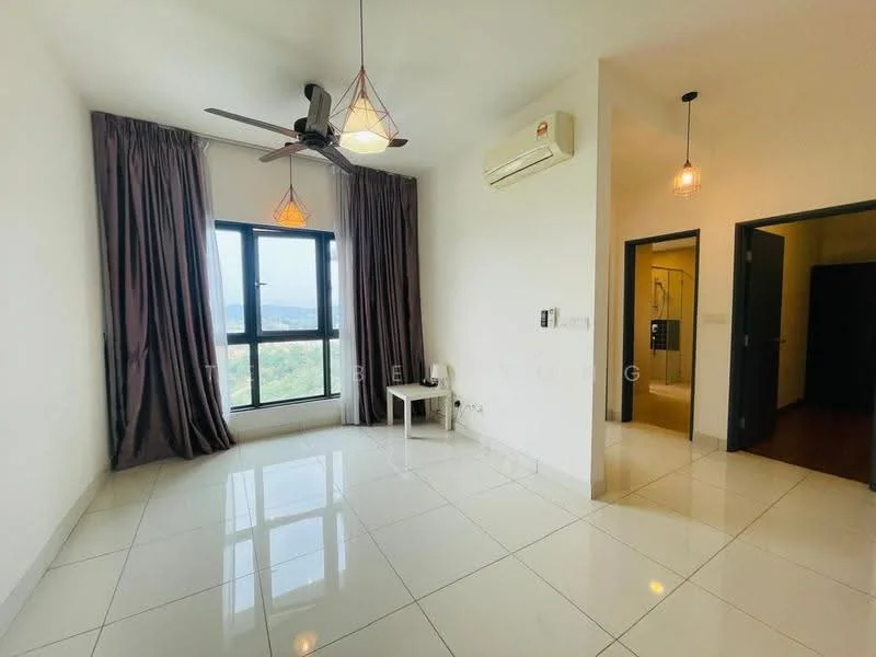 Living features: white painted walls, glossy tile flooring, 5-blade ceiling fan with light, floor-to-ceiling windows, dark grey curtains, air conditioning unit, pendant lighting, white chair; style: modern; view: mountain.
