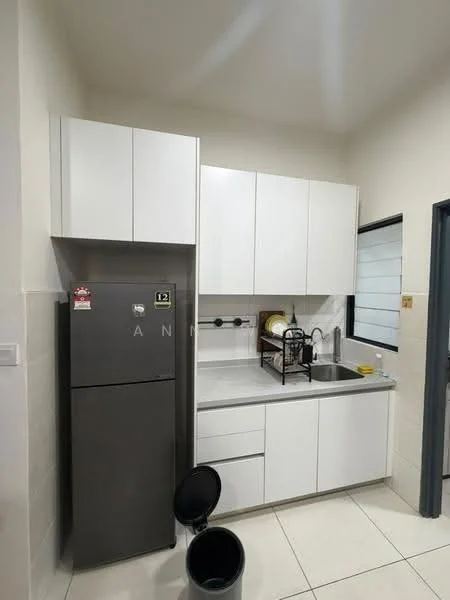 Kitchen features: white cabinetry with upper and lower storage, grey refrigerator, single-bowl stainless-steel sink, chrome pull-down faucet, grey countertop, white tiled backsplash, floor-to-ceiling window, tile flooring, black trash bin, kitchen utensils on countertop; style: modern.