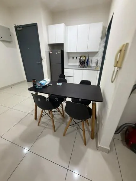 Kitchen features: white cabinetry, black dining table, 4 black chairs, stainless-steel fridge, built-in kitchen cabinets, ceramic tile flooring, wall-mounted air conditioning unit, countertop with appliances, door leading to hallway; style: modern.