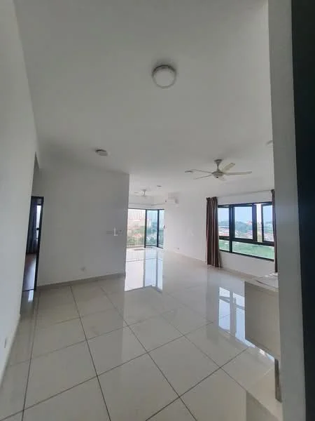 Living features: white painted walls, glossy ceramic tile flooring, 5-blade ceiling fan with light, floor-to-ceiling windows, city view, recessed downlights, open layout, natural light; style: modern; view: city.