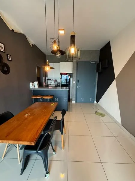 Dining features: wood dining table, black dining chairs, pendant lighting, grey accent wall, white walls, ceramic tile flooring, refrigerator, kitchen cabinetry, open kitchen layout, wall-mounted TV; style: modern.