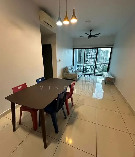 Dining features: dining table with 4 chairs, 2-seater sofa, floor-to-ceiling windows, city view, white painted walls, tile flooring, 5-blade ceiling fan, 3 pendant lights, air conditioning unit, coffee table; style: modern; view: city.