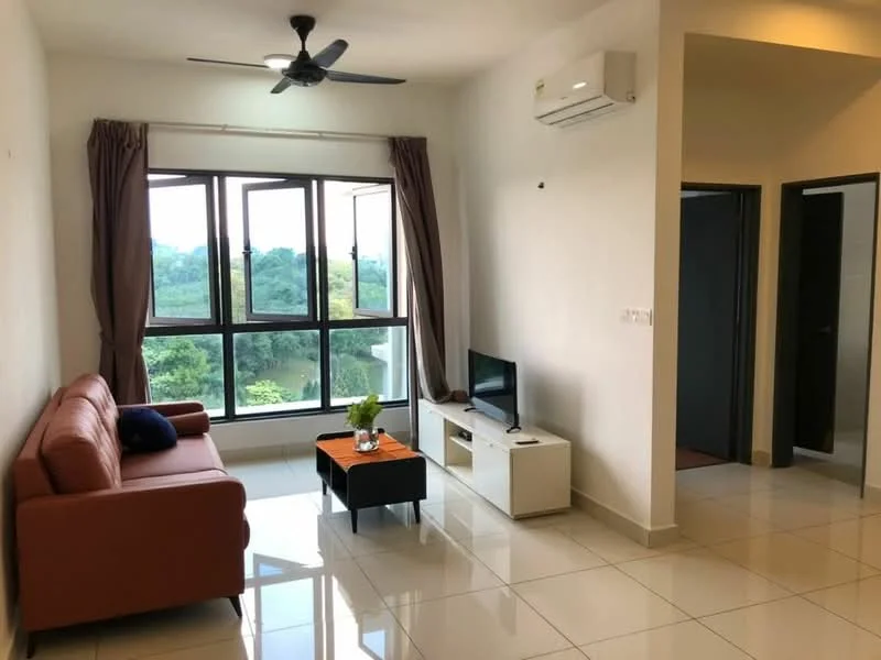 Living features: 3-seater fabric sofa in orange, coffee table with black top, TV console in white, wall-mounted TV, floor-to-ceiling windows, curtains in brown, ceiling fan, wall-mounted split AC, glossy tile flooring, decorative plant on table, neutral painted walls; style: modern; view: garden.