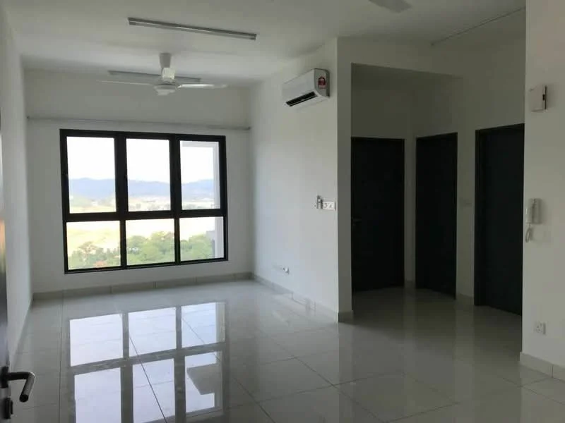 Room features: white painted walls, glossy white tile flooring, floor-to-ceiling windows, mountain view, 1 wall-mounted split AC, ceiling fan, 2 doors leading to other rooms, intercom panel; style: modern; view: mountain.