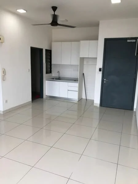 Living features: white painted walls, glossy ceramic tile flooring, 5-blade ceiling fan with light, floor-to-ceiling windows, kitchenette with white cabinets, single-bowl stainless-steel sink, chrome pull-down faucet, built-in oven, recessed LED downlights, grey accent wall, open layout, neutral color scheme; style: modern.