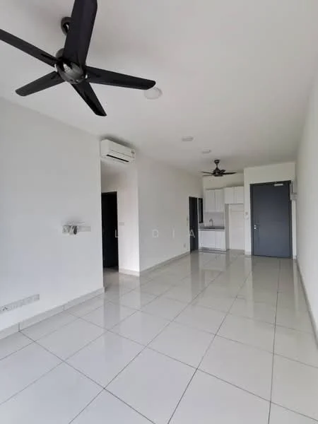 Living features: white painted walls, glossy white tile flooring, 5-blade ceiling fan with light, wall-mounted split AC, recessed downlights, open layout, doorway leading to kitchen, doorway leading to hallway; style: modern.
