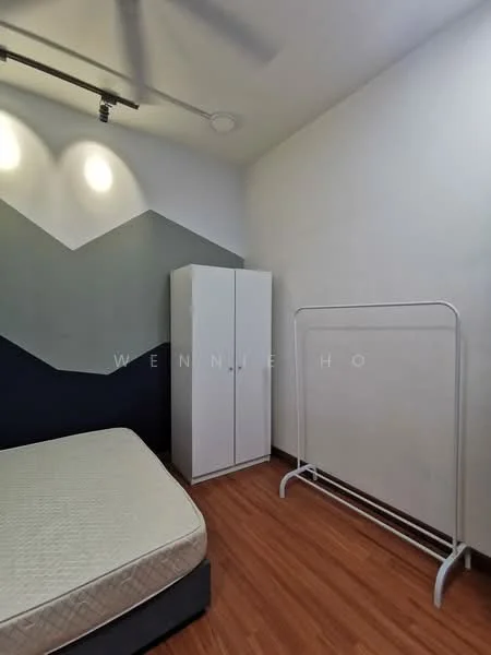 Bedroom features: wooden flooring, white painted walls, grey accent wall, ceiling fan, single bed frame, white wardrobe, clothes rack, unmade mattress; style: modern.