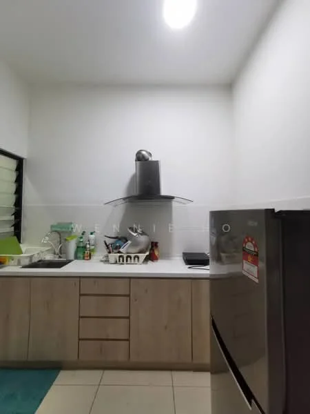 Kitchen features: white painted walls, light grey cabinetry, stainless-steel fridge, built-in oven, stainless-steel range hood, white countertop, ceramic tile flooring, single-bowl stainless-steel sink, green dish drying rack, kitchen utensils on countertop, window with horizontal slats; style: modern.