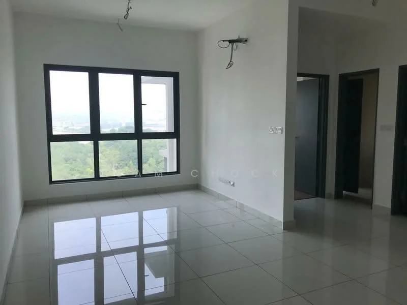 Living features: white painted walls, glossy ceramic tile flooring, floor-to-ceiling windows, city view, recessed ceiling lights, wall-mounted electrical outlets, neutral color scheme, open layout; style: modern; view: city.