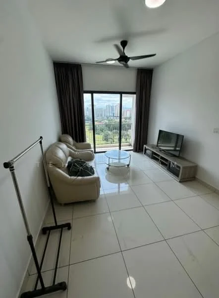 Living features: 2-seater leather sofa in cream, glass coffee table, wall-mounted TV, TV console in wood, floor-to-ceiling windows, curtains in dark brown, white painted walls, polished ceramic tile flooring, ceiling fan with light, view of city skyline; style: modern; view: city.
