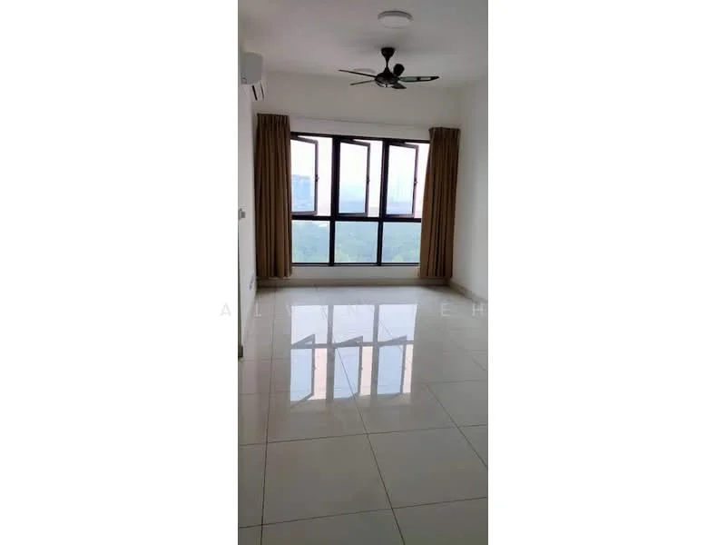 Room features: white painted walls, glossy ceramic tile flooring, 5-blade ceiling fan, floor-to-ceiling windows, curtains, city view, air conditioning unit; style: modern; view: city.