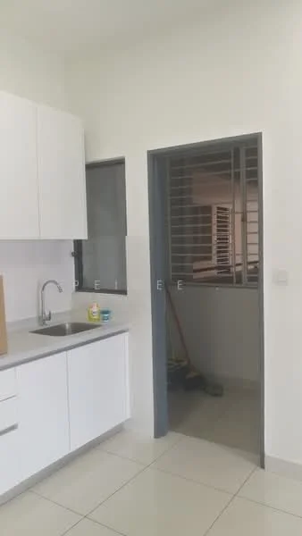 Kitchen features: white cabinetry, stainless-steel sink, chrome faucet, ceramic tile flooring, white walls, window with security bars, countertop space, built-in cabinets; style: modern. Room features: doorway leading to unknown space, window with security bars.