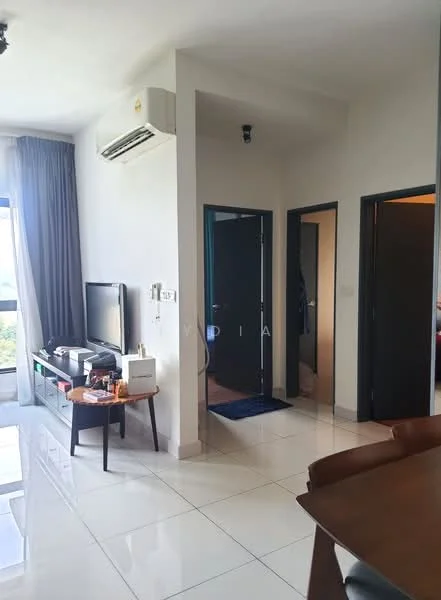 Room features: white painted walls, glossy tile flooring, wall-mounted split AC, floor-to-ceiling windows, black door, dark-colored door frames, TV console, television, wooden coffee table, decorative items on table, blue doormat, curtains, open layout; style: modern; view: city.