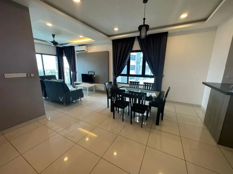 Living features: grey fabric sofa, white coffee table, wall-mounted TV, ceiling fan with light, recessed downlights, floor-to-ceiling windows, blackout curtains, white tiled flooring, decorative wall panel, open layout, dining area adjacent; style: modern; view: city. Dining features: 6-seater dining table, black dining chairs, white tiled flooring, recessed downlights; style: modern; view: city.