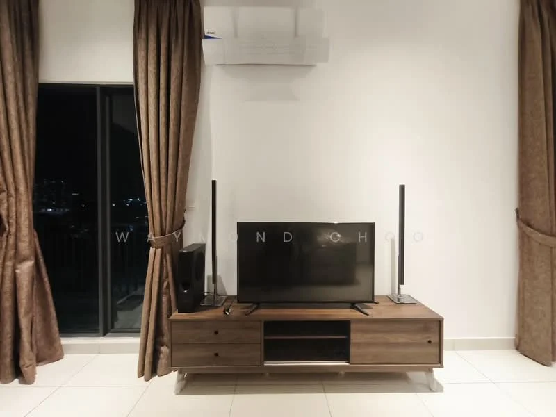 Living features: wall-mounted TV, wooden TV console, two tall speakers, floor-to-ceiling windows, sheer curtains, dark brown curtains, split air conditioning unit, light-colored tiled flooring, neutral painted walls; style: modern; view: city.