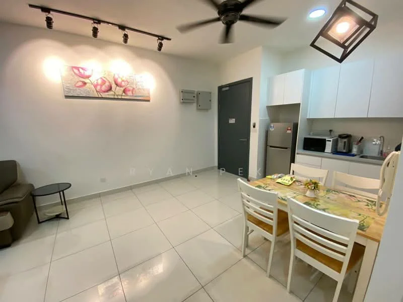 Living features: 3-seater fabric sofa in grey, coffee table, dining table with 4 white chairs, recessed LED downlights, ceiling fan, wall-mounted artwork with floral design, white cabinetry, stainless-steel fridge, microwave, kettle, tile flooring, white painted walls; style: modern.