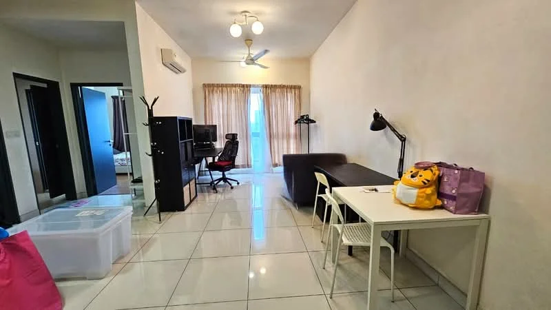 Living features: white painted walls, glossy tile flooring, 5-blade ceiling fan with light, sofa in dark color, desk with white surface, black office chair, black bookshelf, table lamp, curtains, plastic storage box, decorative plush toy, shopping bags; style: modern.