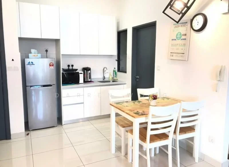 Kitchen features: white cabinetry, stainless-steel fridge, built-in oven, black countertop, white backsplash, 4-burner gas hob, kitchen sink, toaster, coffee machine, dining table with 4 white chairs, wall clock, pendant light, tile flooring; style: modern.
