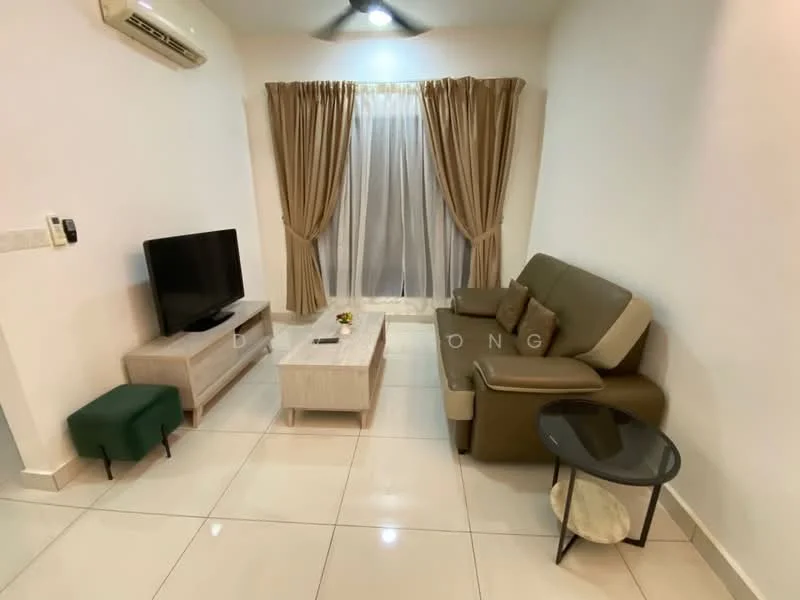 Living features: cream painted walls, white ceiling, glossy tile flooring, 5-blade ceiling fan with light, floor-to-ceiling windows with sheer curtains, beige fabric sofa, green accent chair, light wood coffee table, black side table with glass top, wall-mounted TV, TV console in light wood; style: modern.