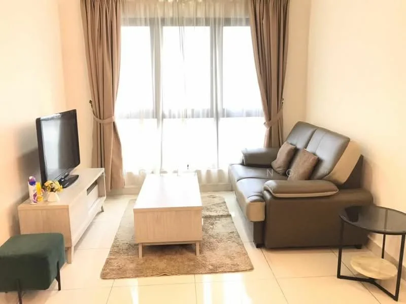 Living features: 3-seater leather sofa in dark brown, coffee table in light wood, TV console in white, wall-mounted TV, area rug with neutral color, floor-to-ceiling windows with sheer curtains, curtains in beige, side table in black, tile flooring in white, decorative cushions on sofa; style: modern.