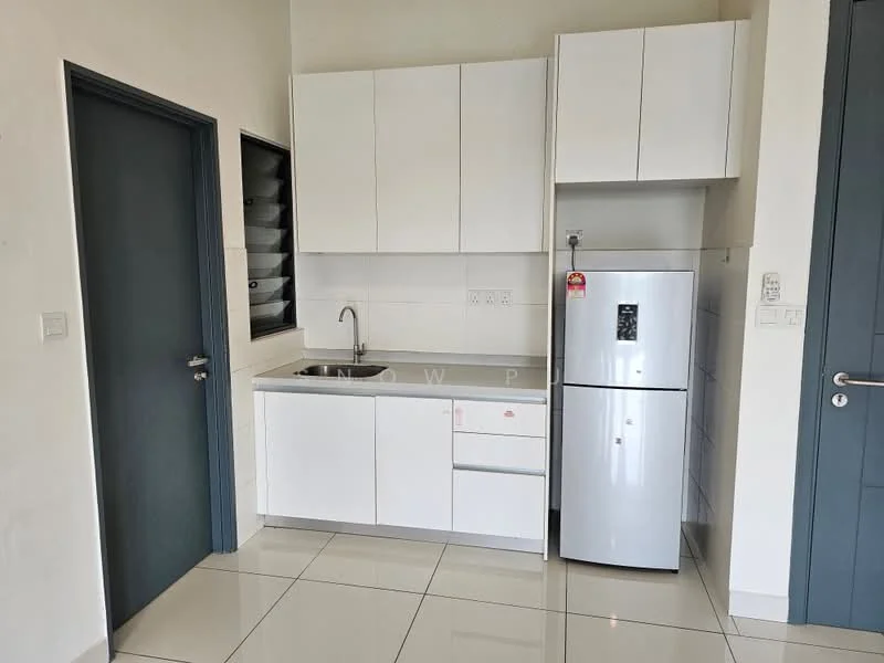 Kitchen features: white cabinetry, single-bowl stainless-steel sink, chrome pull-down faucet, built-in refrigerator, white tiled backsplash, white countertop, ceramic tile flooring, wall-mounted cabinets, window with horizontal slats, light switch, power outlet; style: modern.