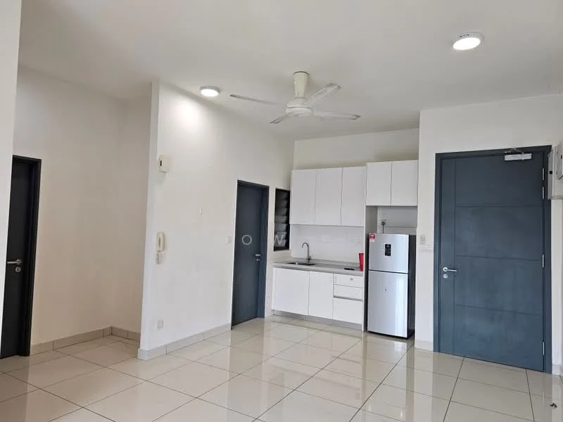Kitchen features: white cabinetry, stainless-steel fridge, built-in oven, 4-burner gas hob, single-bowl stainless-steel sink, chrome pull-down faucet, white tiled backsplash, white walls, polished tile flooring, ceiling fan, recessed downlights; style: modern. Room features: white walls, polished tile flooring, ceiling fan, recessed downlights.