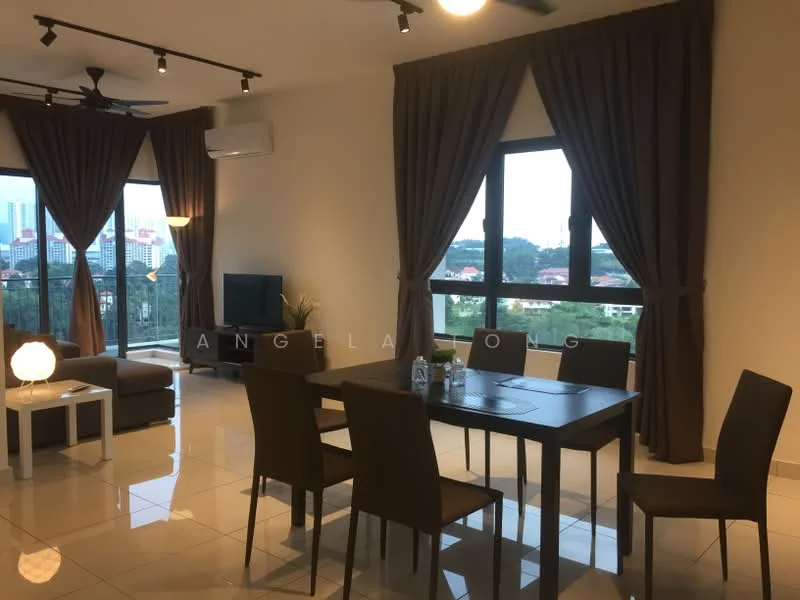 Living features: 3-seater fabric sofa in grey, coffee table, wall-mounted TV, floor-to-ceiling windows, curtains in brown, ceiling fan, marble tile flooring, recessed downlights; style: modern; view: city. Dining features: 6-seater dining table, upholstered dining chairs in brown, water bottle on table; style: modern; view: city.