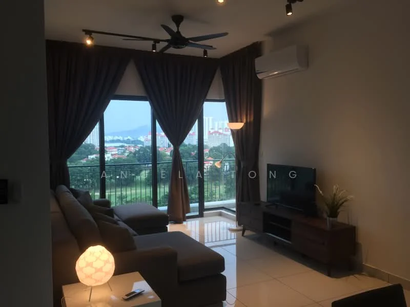 Living features: 3-seater fabric sofa in grey, floor-to-ceiling windows, city view, recessed LED downlights, 5-blade ceiling fan, wall-mounted TV, TV console, laminate flooring, decorative floor lamp, curtains in dark brown, decorative plant in ceramic pot; style: modern; view: city.