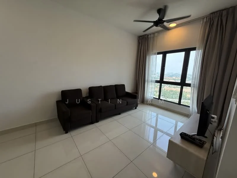 Living features: 3-seater fabric sofa in dark brown, floor-to-ceiling windows, white painted walls, glossy tile flooring, ceiling fan, TV console, wall-mounted TV, curtains, city view; style: modern; view: city.