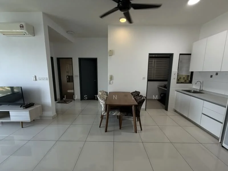 Living features: white painted walls, glossy tile flooring, 5-blade ceiling fan with light, wall-mounted TV, wooden dining table with chairs, kitchen cabinetry in white, stainless-steel sink, built-in oven, refrigerator, window with blinds; style: modern.
