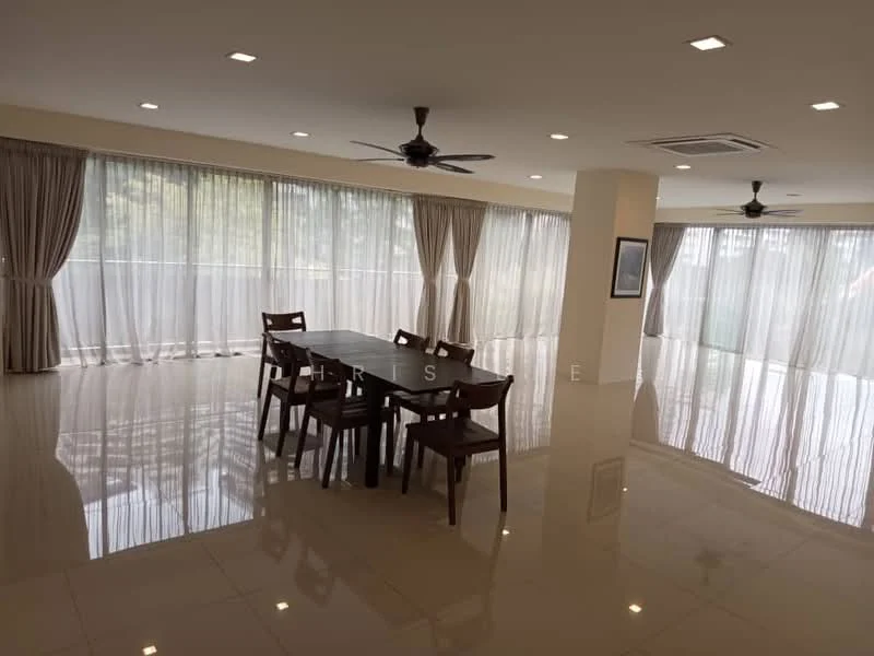 Dining features: large dining table with six chairs, floor-to-ceiling windows, sheer curtains, polished ceramic tile flooring, recessed LED downlights, 2 ceiling fans, neutral wall color, open layout; style: modern; view: garden.