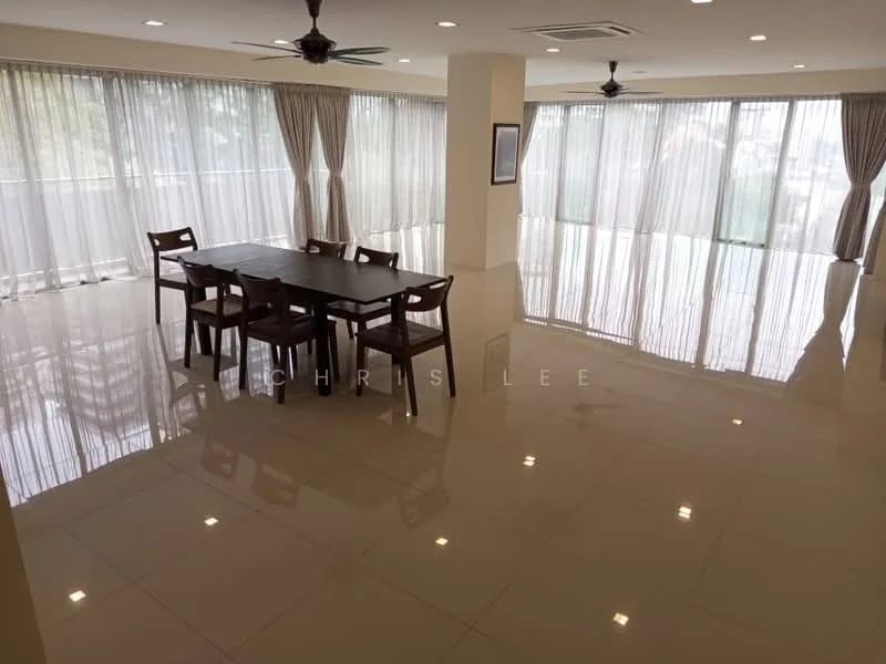 Living features: polished ceramic tile flooring, white painted walls, dropped ceiling with recessed downlights, floor-to-ceiling windows, sheer curtains, 5-blade ceiling fans, dining table with 6 wooden chairs, open layout, natural light from large windows, neutral color palette; style: modern.