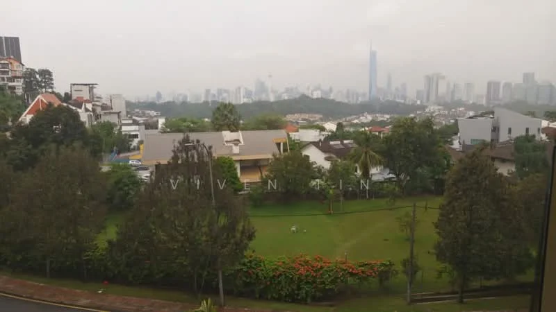 Exterior features: city skyline view, manicured lawn, mature trees, flowering plants, surrounding residential buildings, greenery in foreground; style: contemporary.