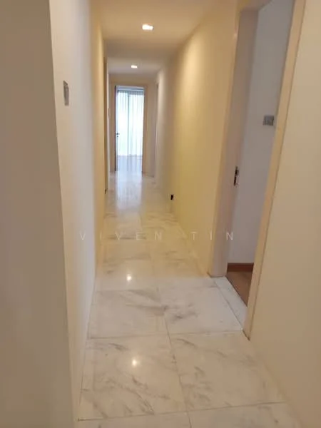 Hallway features: marble tile flooring, white painted walls, recessed downlights, doorway leading to another room, natural light from window at the end, neutral color scheme; style: modern.