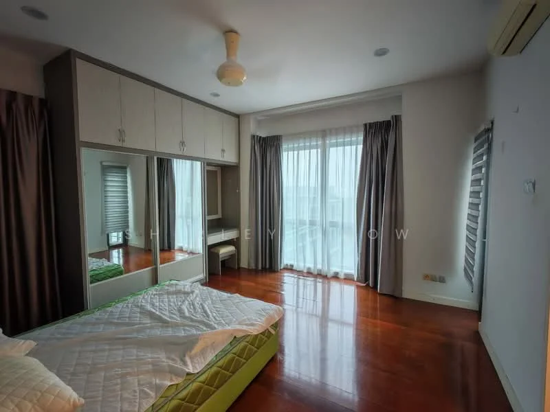 Bedroom features: wooden flooring, white painted walls, built-in wardrobe with mirrored doors, floor-to-ceiling windows, sheer curtains, dark grey curtains, ceiling fan, study desk, green bed frame, bedding with white cover; style: modern.